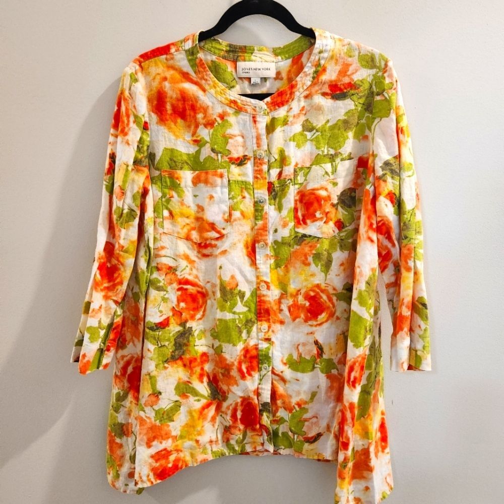 JONES NEW YORK  100% Linen Floral 3/4 Sleeve Button Down Shirt Tunic SZ Large